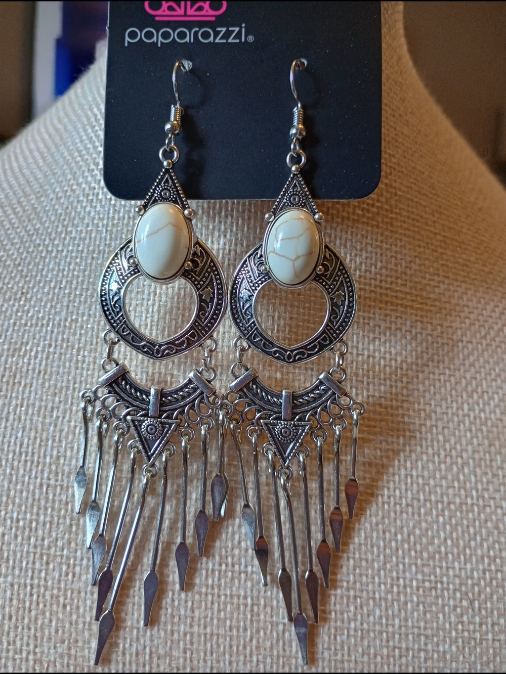 paparazzi Silver-Tone Boho Fringe Earrings with Cream Stone